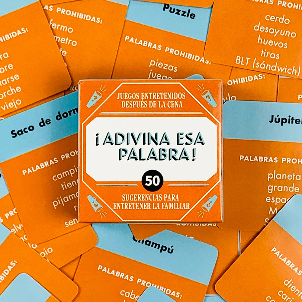 Spanish “Name That Word!” Mini Card Game – 50PCS Family & Camping Party Word Guessing Deck