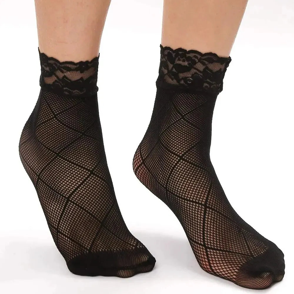 5 Pairs Vintage Lace Women's Socks: Summer Mesh Elastic Ankle Socks - Versatile Lolita Fishing Net Black Socks