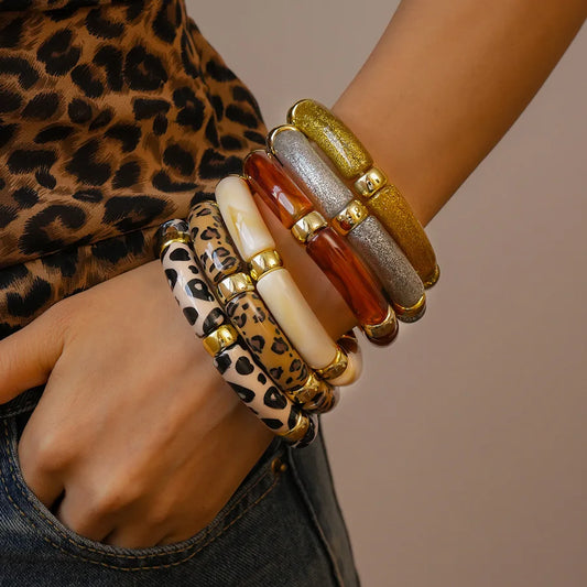 Leopard Print Bamboo Tube Acrylic Bracelets - Retro Stretch Beaded Bangles for Women & Men, Stackable Jewelry Gift