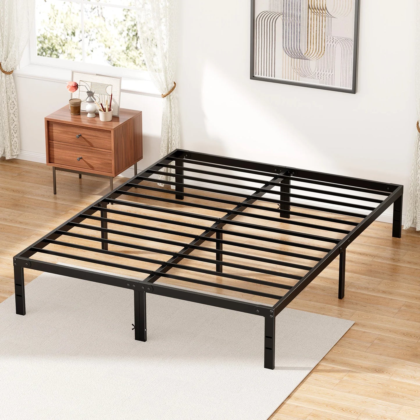 Metal Bed Frame with Storage – Twin, Full, Queen & King Size Platform with Steel Slat Support 350lbs