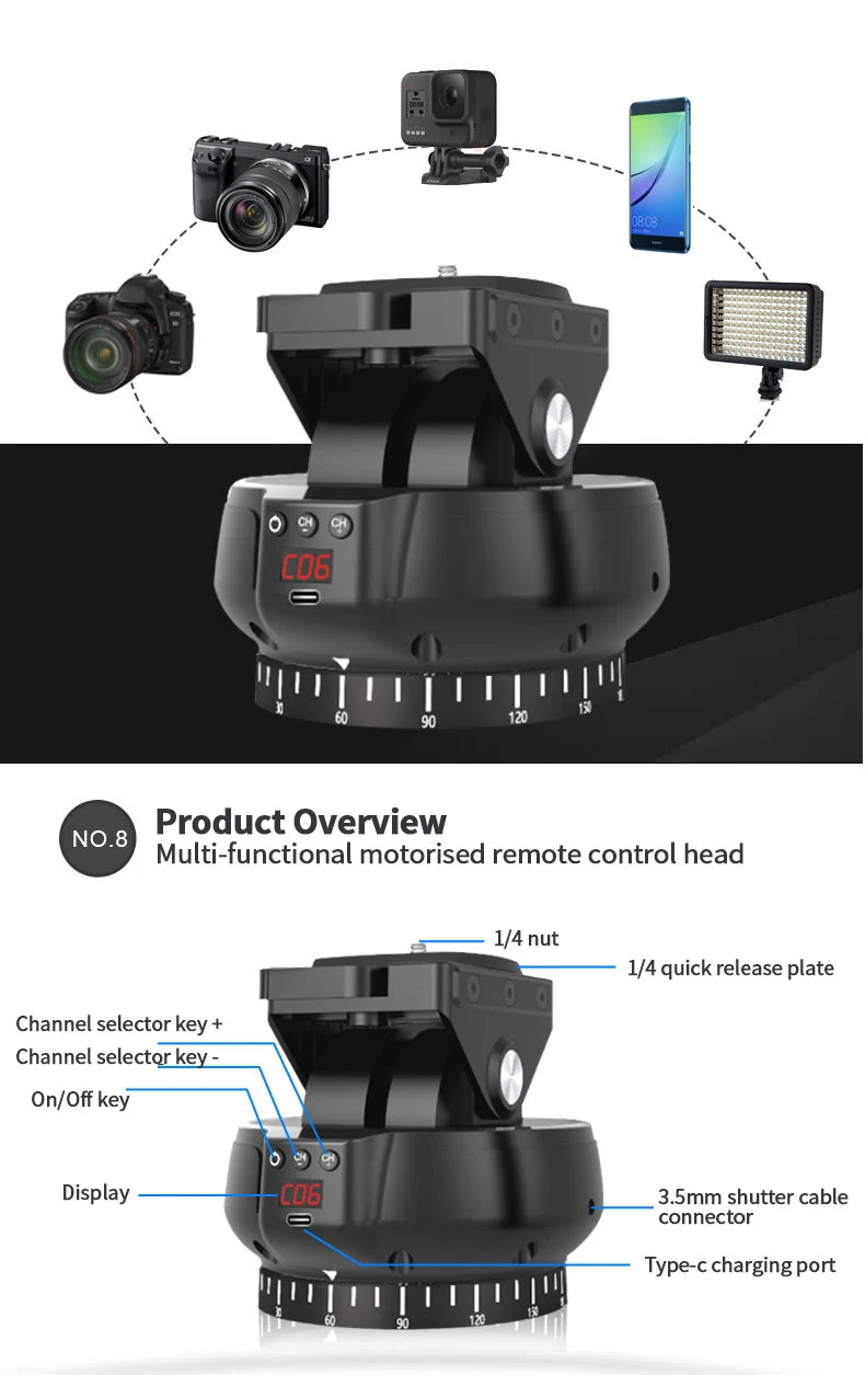 Desiontal YT-1200 Rotation Panoramic Remote Control - Pan Tilt Motorized Tripod Electric Head for Phones & Cameras