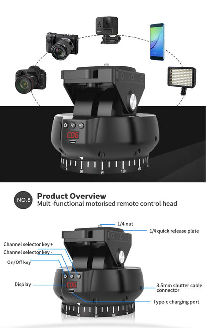 Desiontal YT-1200 Rotation Panoramic Remote Control - Pan Tilt Motorized Tripod Electric Head for Phones & Cameras