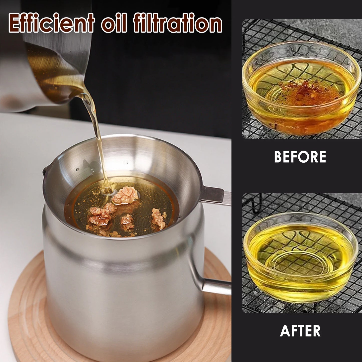 2L/1.5L Stainless Steel Oil Filter Fry Basket – Fine Mesh Strainer Pot for Oil Storage and Kitchen Grease