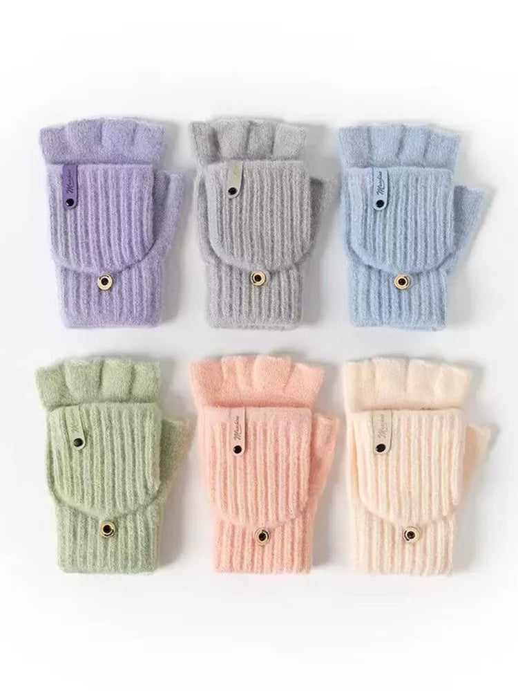 Girls’ Woolen Fingerless Gloves - Warm Cute Exposed-Finger Winter Gloves for Students