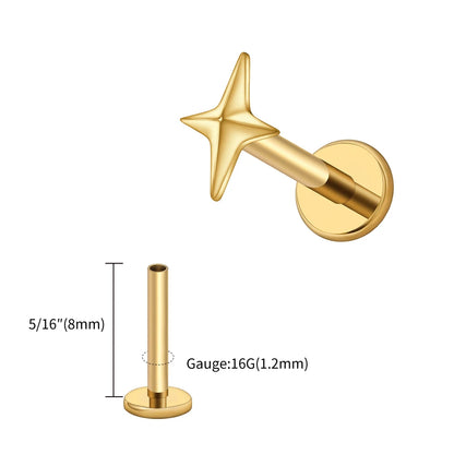 Right Grand ASTM F136 Titanium 16G Four-Pointed Star Cartilage Stud Earring – Helix, Tragus, Flatback Labret & Nose Piercing Jewelry