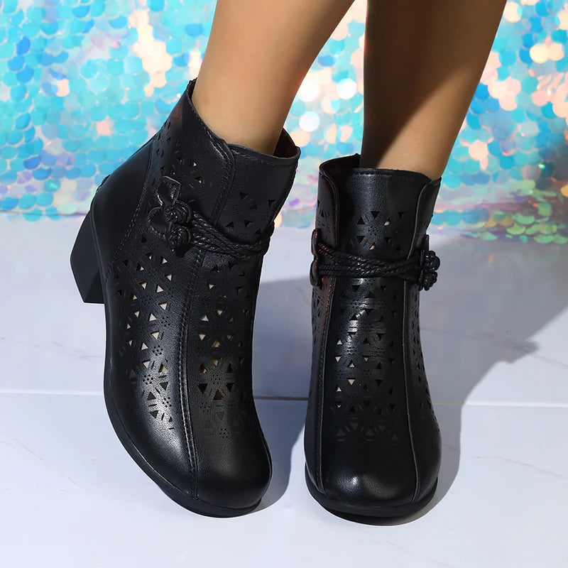 Women’s Hollow-Out Ankle Boots - 2025 Summer Retro Mid-Heel Soft Sole Breathable Shoes