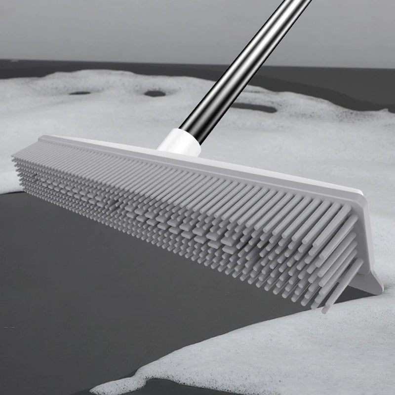 Long Handle Rubber Broom: Pet Hair Remover with Squeegee - Ideal for Fluff Carpet and Hardwood Floors, No Scratch Guarantee