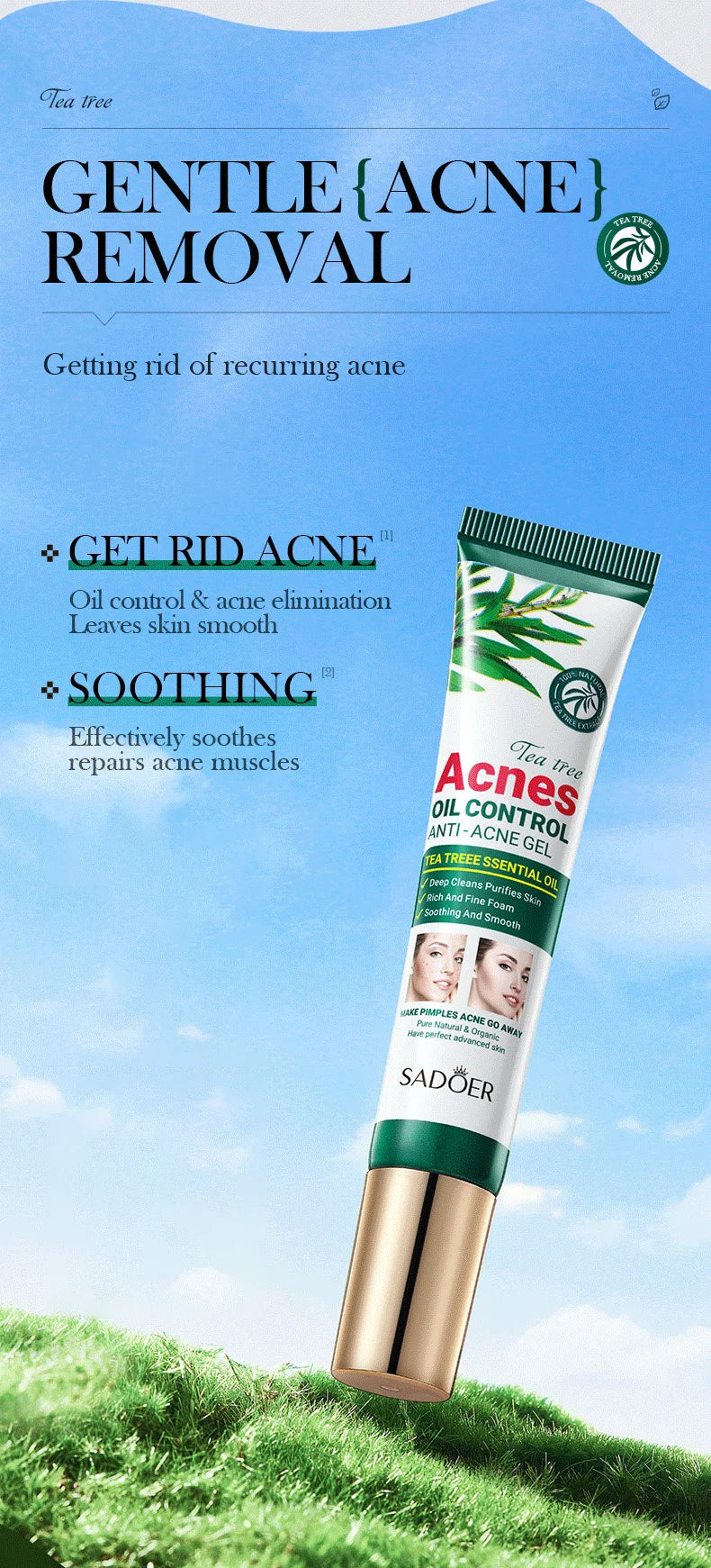 SADOER Tea Tree Acne Cream – Oil Control, Hydrating & Moisturizing Facial Skincare Gel