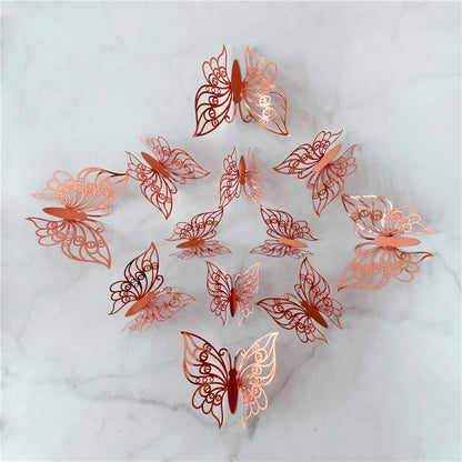 12PCS 3D Hollow Butterfly Wall Stickers – Gold, Silver & Rose Decorative Decals for Wedding, Living Room & Home Decor