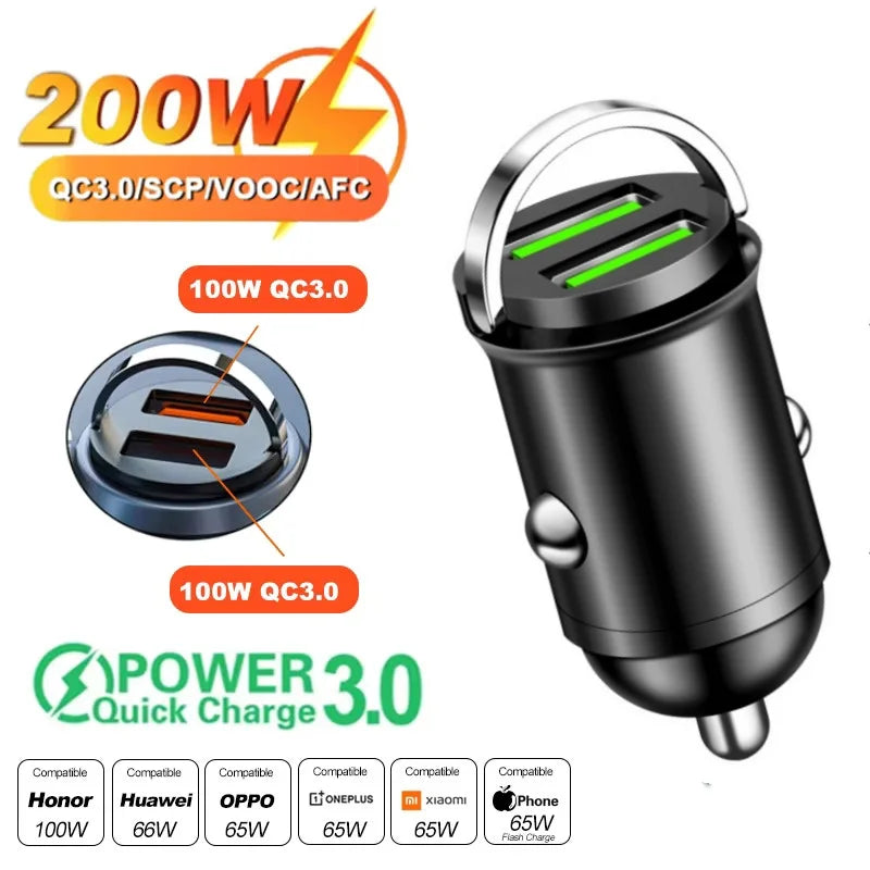 100W/200W Fast Car Charger - QC3.0 PD USB Type C Dual Port Adapter for iPhone Samsung Xiaomi Huawei 12-24V Vehicle Power