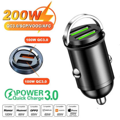 100W/200W Fast Car Charger - QC3.0 PD USB Type C Dual Port Adapter for iPhone Samsung Xiaomi Huawei 12-24V Vehicle Power