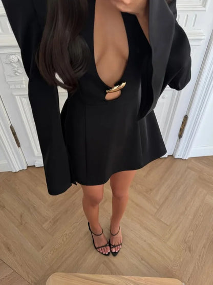 CNYISHE Women’s Metal Buckle Hollow Out Bodycon Dress – Long Sleeve O-Neck Sexy Club Sheath Chic Autumn Fashion Slim Fit Robe