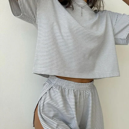 Women's Stripe 2-Piece Pajamas Set – Short Sleeve Top & Shorts Casual Sleepwear