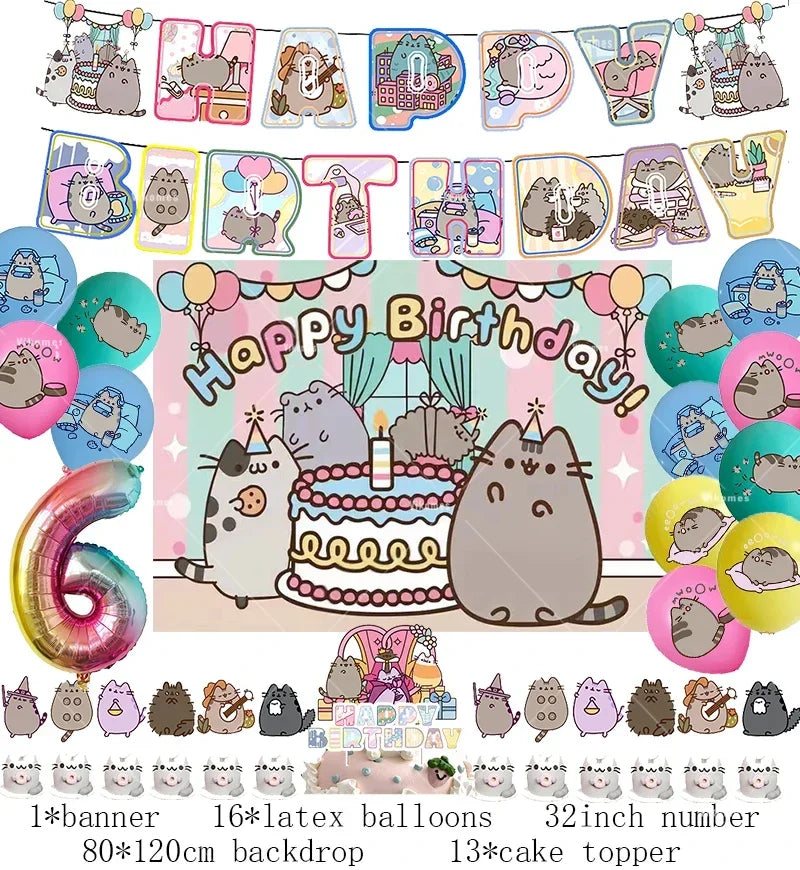 Pusheen Cat Birthday Party Decorations - Cartoon Pet Theme Balloons, Banner, Backdrop, Cake Topper, and Baby Shower Stickers