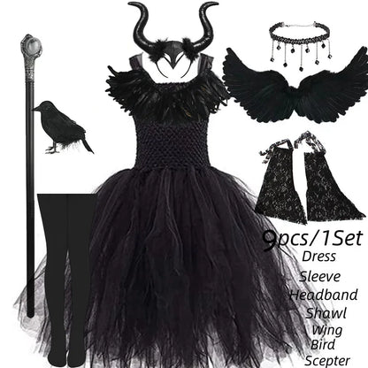 Girls’ Evil Queen Tutu Dress - Handmade Black Mesh Princess Halloween Cosplay Costume
