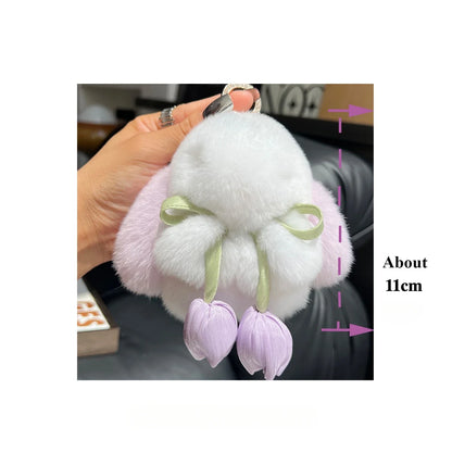 Cute Real Rex Rabbit Fur Keychain – Mini Bunny Pendant Bag Charm & Car Key Ring Plush Toy Gift for Women