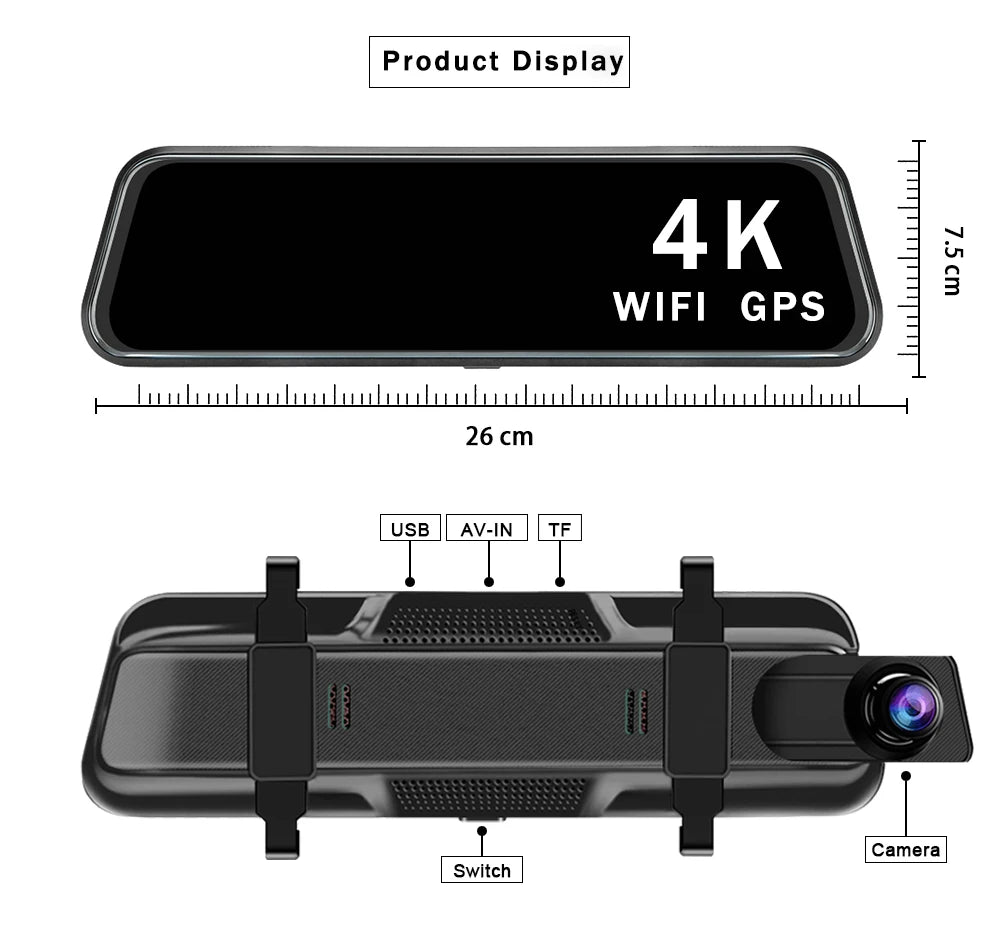 10'' 4K Mirror Dash Cam with GPS & WiFi – Dual Lens Car DVR, IPS Screen, Rearview Streaming Recorder