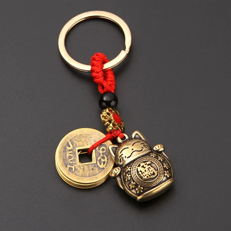 Vintage Lucky Cat Keychain - Handmade Feng Shui Five Emperors Coins Car Key Ring