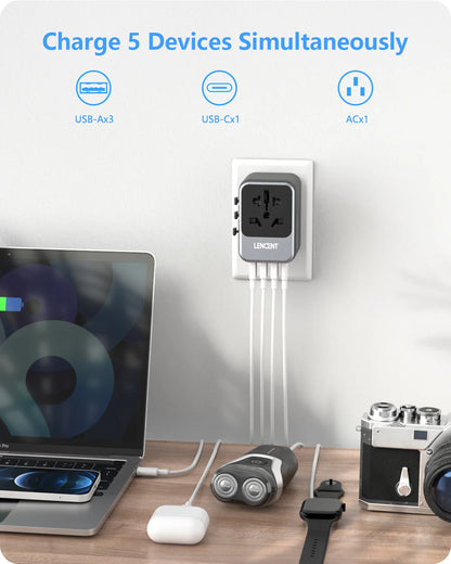 LENCENT Universal Travel Adapter with 3 USB Ports & Type-C PD Charging - EU/UK/USA/AUS Plug, All-in-One Travel Charger