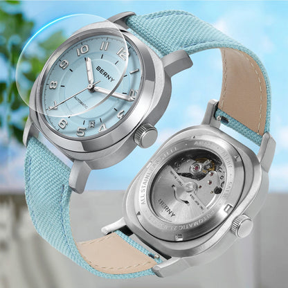 BERNY Women’s Mechanical Watch — Self-Wind Pillow Cushion Design with Sapphire Crystal, Super Luminous Display, Canvas Strap, and Calendar Function