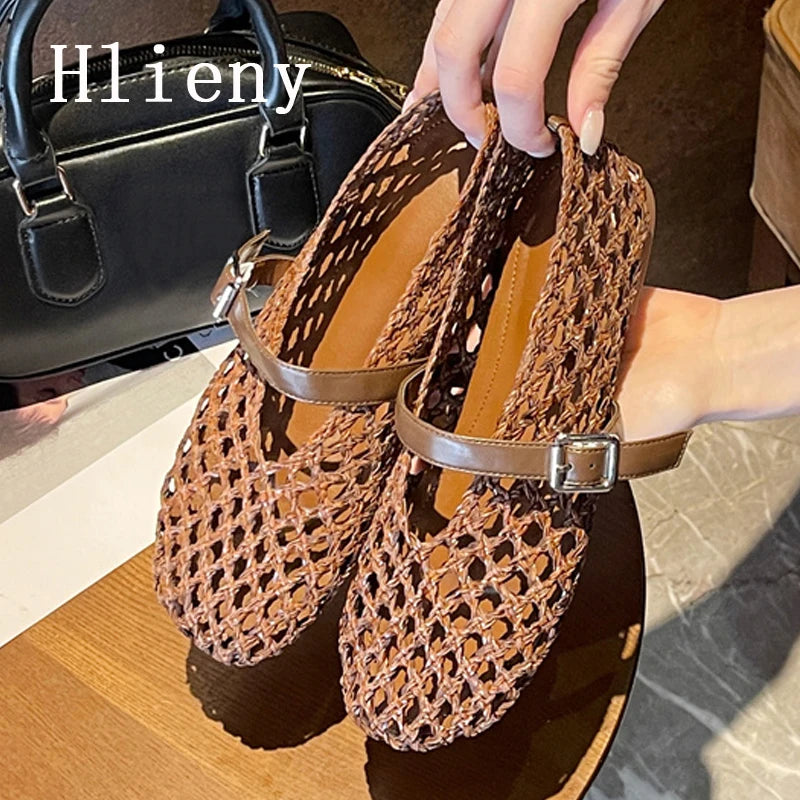 Hlieny Women’s Summer Mesh Flats – Hollow Weave Round Toe Loafers with Buckle Strap, Casual Mary Jane Mules Sandals
