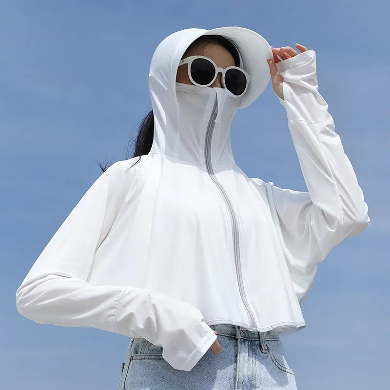 Women’s UPF 50+ Sunscreen Hoodie – Lightweight Ice Silk Long Sleeve UV Protection Jacket for Summer