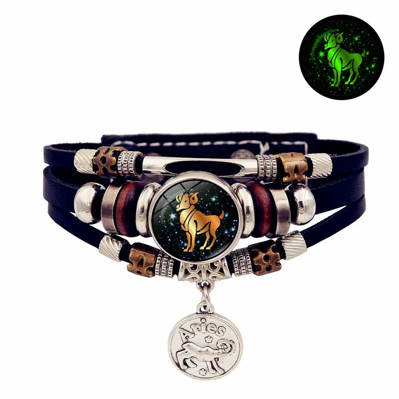 Luminous 12 Constellation Vintage Bracelet - Braided Punk Leather Glow-in-the-Dark for Men & Women, Birthday Gift
