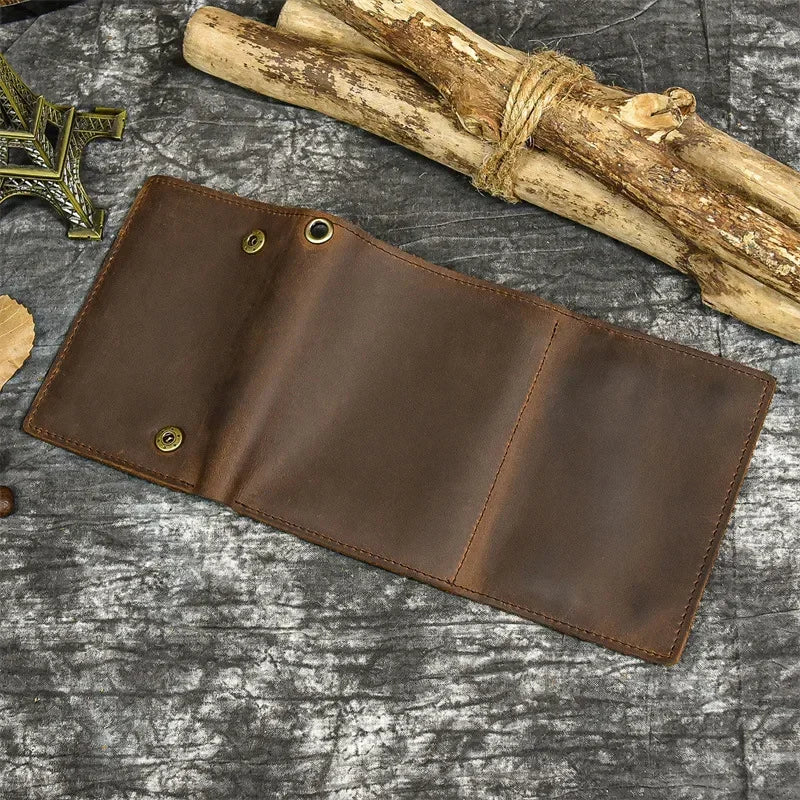 Men’s Genuine Leather Short Wallet with Chain – Trifold Zipper Clutch, Card Holder & Coin Purse