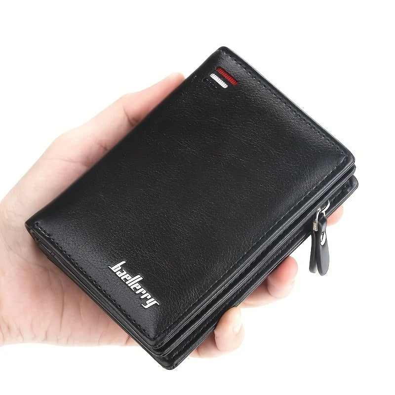 Men’s PU Leather Short Wallet – Vintage Zipper Coin Pocket, Large Capacity Money & Card Holder