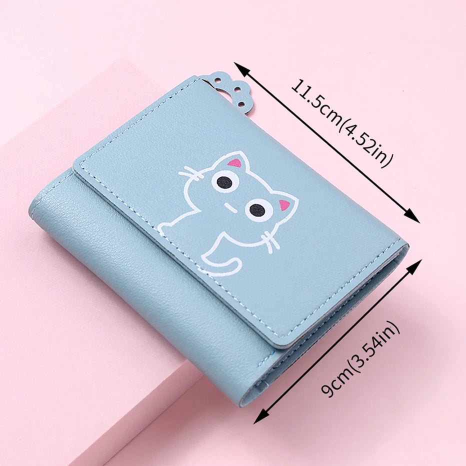 Women’s Cute Cat PU Leather Wallet — Small Short Card Holder Purse with Hasp, Fashion Money Bag for Girls & Gifts