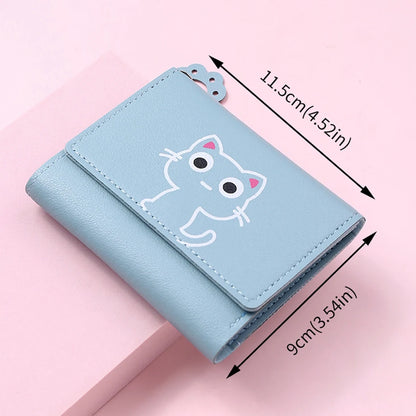 Women’s Cute Cat PU Leather Wallet — Small Short Card Holder Purse with Hasp, Fashion Money Bag for Girls & Gifts
