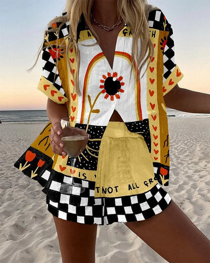 Women’s Summer 2-Piece Set – Lapel Short-Sleeve Shirt & Shorts, Elegant Loose Printed Outfit
