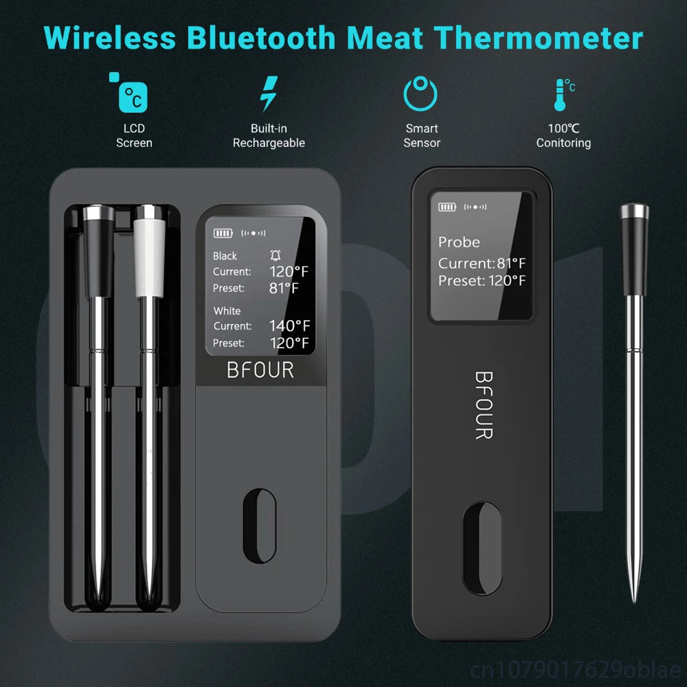 Wireless Bluetooth Meat Thermometer - IP67 Waterproof Probes with LCD Display, Rechargeable Booster for Grilling, Smoker, BBQ & Oven