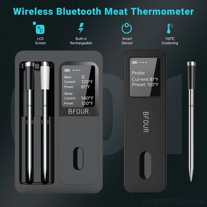 Wireless Bluetooth Meat Thermometer - IP67 Waterproof Probes with LCD Display, Rechargeable Booster for Grilling, Smoker, BBQ & Oven
