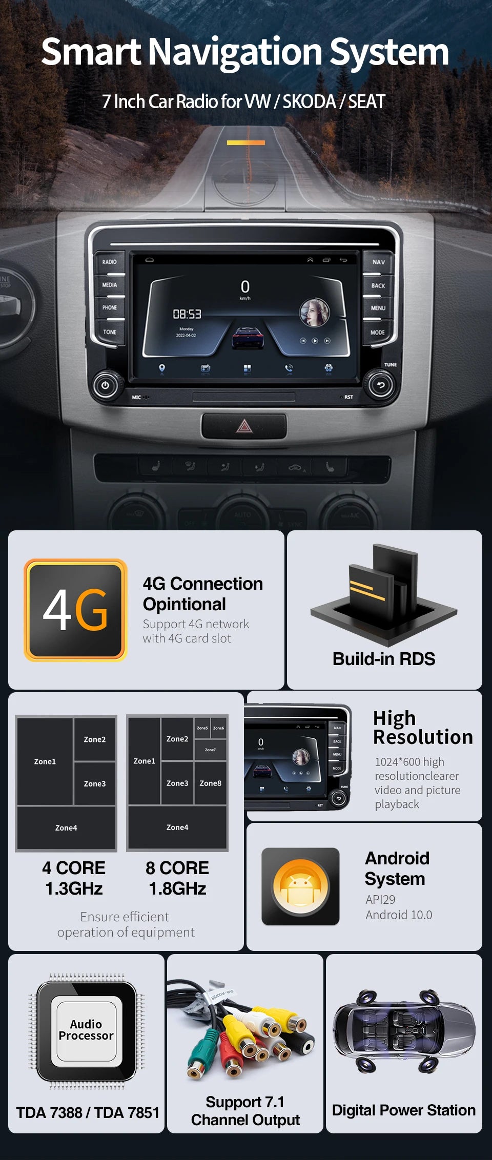 GRANDnavi Android 13 Car Radio GPS - 2Din Multimedia Player for VW, Skoda Octavia, Golf 5/6, Passat B6, Polo, Jetta