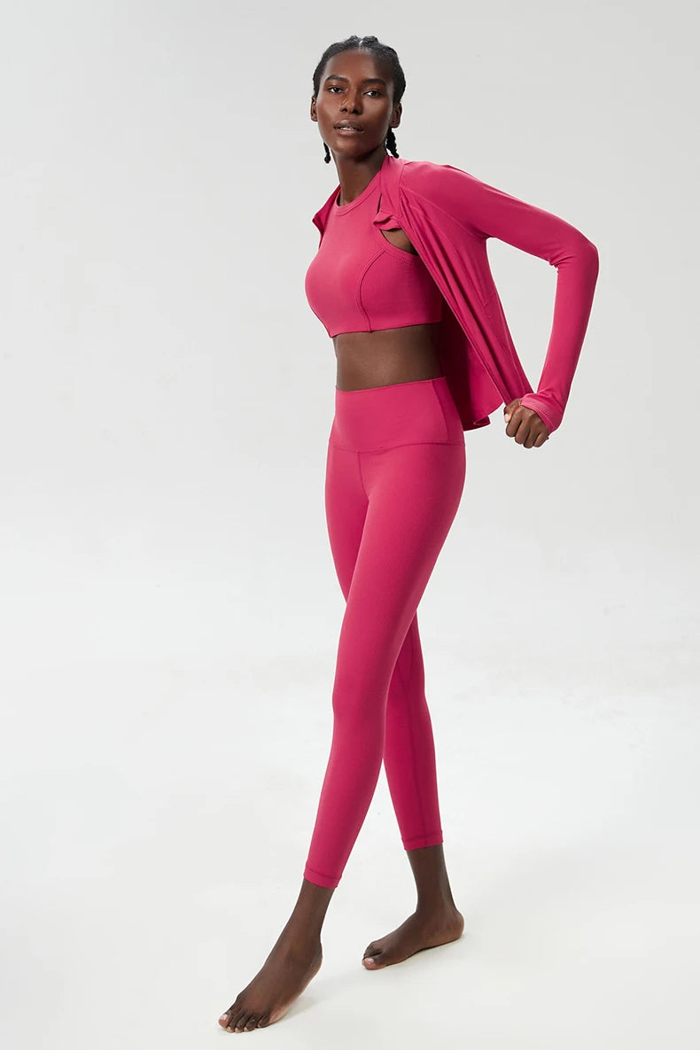 3PCS Women’s Fitness Yoga Set – Solid Color Ribbed Long Sleeve Top & High Waist Leggings, Breathable Workout Sportswear