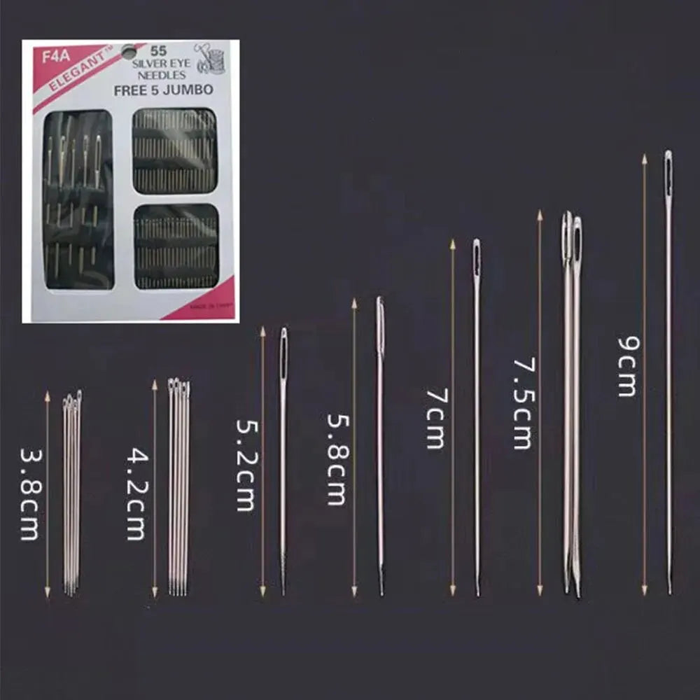 55-Piece Stainless Steel Sewing Needle Set - Big Eye Needles for Hand Sewing, Embroidery & Needlework