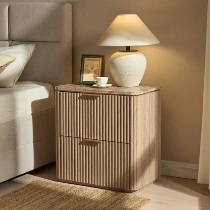 Fluted Nightstand Set of 2 – Solid Wood Bedside Tables with 2 Drawers, Faux Marble Top, Curved Corners & Metal Handles