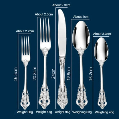 Premium 304 Stainless Steel Gold Cutlery Set - Vintage Western Dinnerware with Luxury Engraving - Forks, Knives, Spoons - Silverware