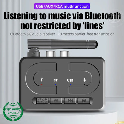 VAORLO Bluetooth 6.0 Audio Receiver – 3.5mm AUX/RCA Wireless Adapter with Mic, USB U-Disk Support for Car, Speaker & Amplifier HiFi Stereo