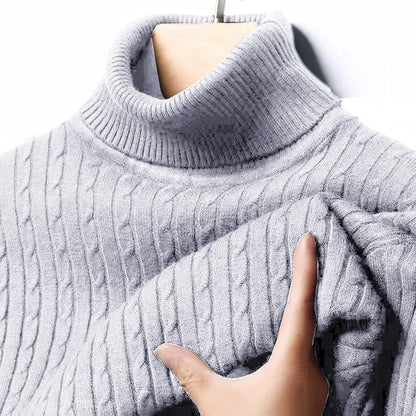 Men's Autumn Ribbed Turtleneck Sweater - Warm Fitted Jacquard Striped Knitted Long Sleeve Pullover Top