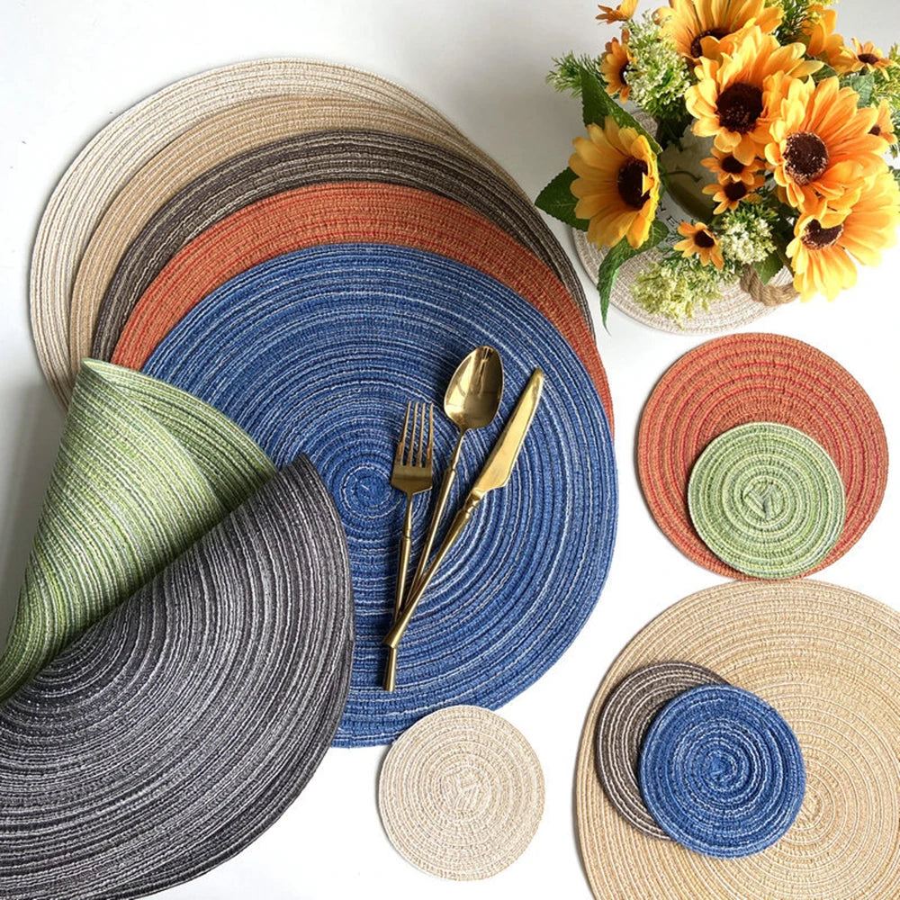 4pcs Round Woven Ramie Table Mats – Non-Slip Placemats for Dining, Bowls, Cups, and Kitchen Use