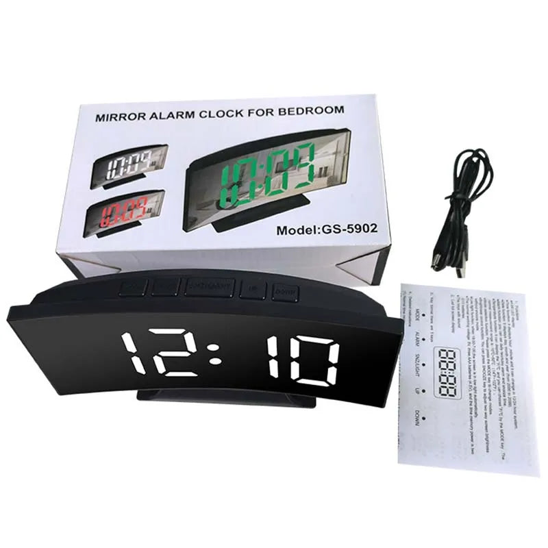 Noiseless LED Mirror Alarm Clock — Large Digital Display Silent Electronic Clock