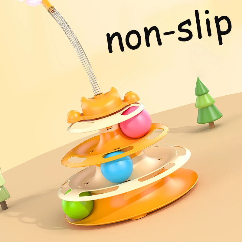 Interactive Cat Toy Tower - Kitten Turntable Track Roller Balls & Feather Training Toy