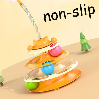 Interactive Cat Toy Tower - Kitten Turntable Track Roller Balls & Feather Training Toy