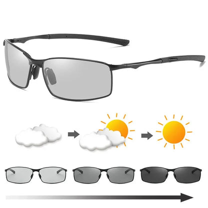 Photochromic Men’s Polarized Sunglasses – Metal Square Frame, UV400 Driving & Outdoor Sports Cycling Glasses