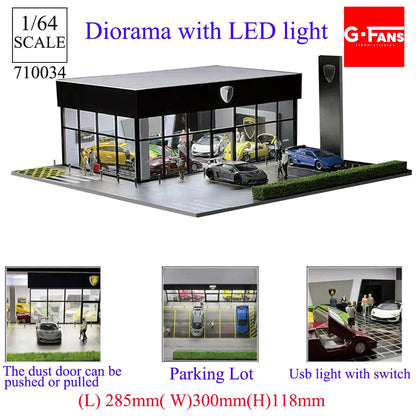 GFans 1:64 Scale Diorama Car Garage Model – LED Lighted Parking Lot DIY City Set for Collection & Display Gifts