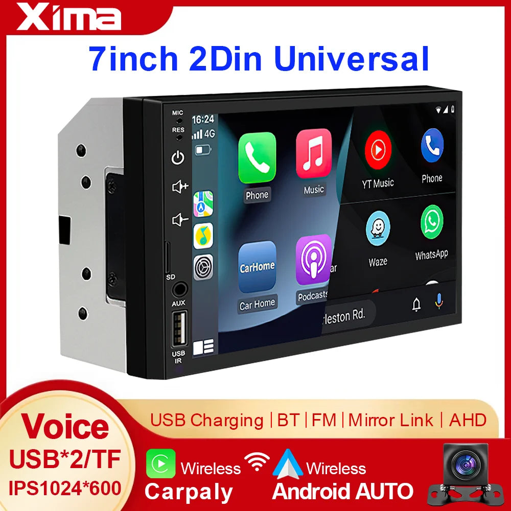 XIMA 7-Inch 2DIN Android Car Radio - Touchscreen MP5, CarPlay, Bluetooth, FM, USB & Camera