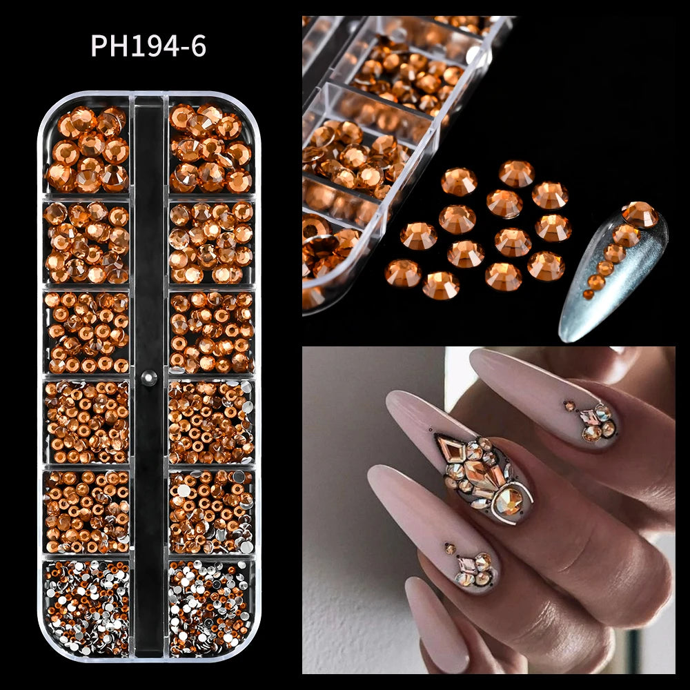 12-Grid Mixed Nail Rhinestones SS6-SS30 – Shiny Flat-Back Gems in Clear, Gold, Pink & Blue for Nail Art Decoration