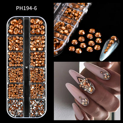 12-Grid Mixed Nail Rhinestones SS6-SS30 – Shiny Flat-Back Gems in Clear, Gold, Pink & Blue for Nail Art Decoration
